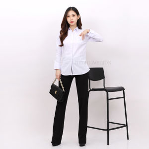 Kemeja Dibihi Putih Polos Kerja Formal Wanita Lengan Panjang Saku 1 Bahan Katun Stretch