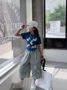 Little RD Girls Clothes Summer Cartoon Printed T-Shirt + Cargo Jeans Two-Piece Set 5-14 Years Old 25070904