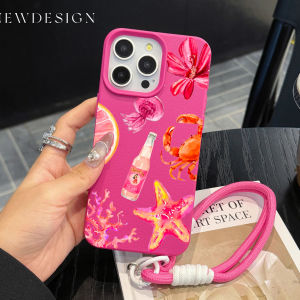 Pink Cute Starfish Cartoon Phone Chain Lanyard Case For iPhone 17 16 15 14 13 12 Pro Max 11 Plus Shockproof Lichee Pattern Funda