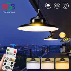 IP65 LED Solar Panel Light BulbCeiling Outdoor Waterproof Automatic Garden Light Hanging Solar Pendant Light with Remote Control 5M Cable for Yard Gate Street Lamp Three Colors