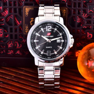Swiss Army Jam Tangan Pria Murah Keren Rantai Tanggal Kalender SA 5320 Silver black