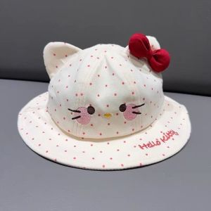 Cotton Baby Bucket Hat Breathable Cute Girl Cat Bowknot Fisherman Sun Cap Outdoor Topi Bayi