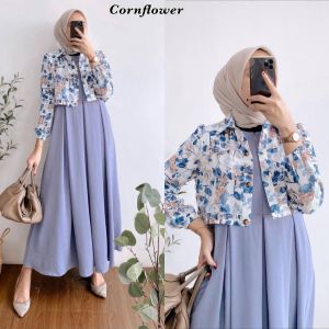 Rinara Dress Set - One Set Wanita Crinkle Airflow Premium Setelan Wanita outer Lengan Panjang Motif Bunga Baju Muslim Kekinian LD 110 cm