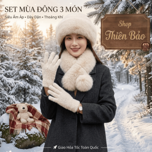 Combo Mùa Đông 3 Món Cao Cấp - Mũ Lông Trùm Đầu Khăn Lông Quàng Cổ Nữ & Găng Tay Lông Dày Dặn Siêu Ấm