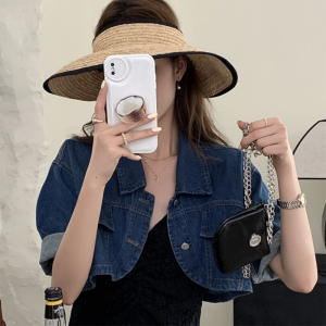 Ielgy khăn choàng Denim tay ngắn Áo Blouse eo cao nữ