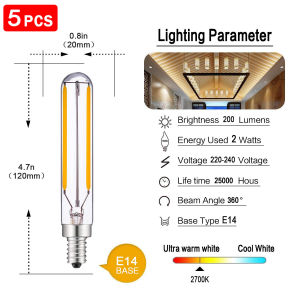Bóng đèn LED T20 ống dài màu trắng ấm retro E14 2W có thể điều chỉnh độ sáng 220V bộ 5 chiếc