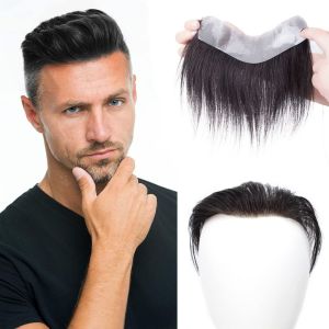 PUREGLOW รูปตัววี ชิ้นผมด้านหน้าสำหรับผู้ชาย ไร้รอยต่อไร้รอยต่อ เส้นผมที่มองไม่เห็น แผ่นแปะหนังศีรษะทางชีวภาพหน้าผาก อุปกรณ์เสริมผม อะไหล่ toupee แผ่นประดับผมมนุษย์ ผู้หญิง/ผู้ชาย
