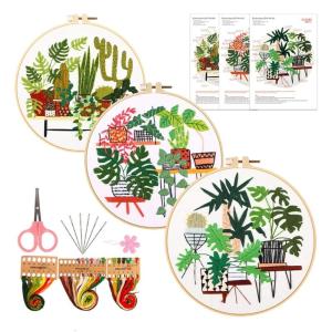3 Sets Flower Embroidery Set Include Instruction 3 Patterned Embroidery Cloth Stitching Hoop Thread Scissors and