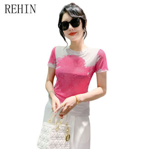 Rehin Áo thun ngắn tay lưới in hình thời trang mới mùa hè Áo áo dáng ôm nữ
