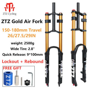 ZTZ Bike Suspension Fork 26/27.5/29er for Mountain Bike XC/AM Air Double Shoulder Shock Absorber Straight Tube Double Shoulder Fork For MTB Double Crown Fork MTB Gold/Black
