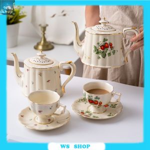 French Retro Strawberry Coffee Cup Set Gold Edge Cup Saucer Teapot Flower Big Teacup English Afternoon Tea Restaurant Bar Cafe