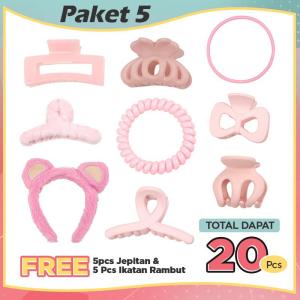 Sharkwin Paket 5 Isi 20 - Jepitan Korea Accessories Rambut Warna Pink Bando Lucu Jepitan Rambut lkat Rambut Wanita + Free 5pcs Jepitan & 5pcs lkatan Rambut Total Dapet 20pcs Mutiara Scrunchies [FA5-40202B]