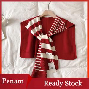 [PAM] Mới phù hợp với màu đen và trắng dệt kim sọc tất cả phù hợp với trang web trang trí thời trang màu đỏ cộng với kích thước cổ bảo vệ vai khăn choàng