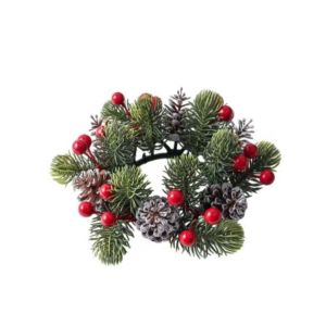 YEAHAP Simulated Christmas Candlestick Wreath Artificial Pinecone Berry Plastic Festive Candle Holder Garland Practical Decorative Candle Ring Wreath Party