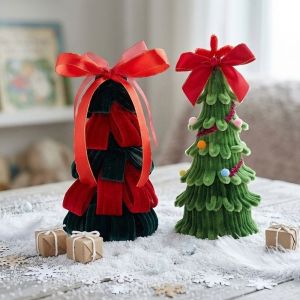 DIVATEN Decor Bow Mini Christmas Tree Pom Pom Accent Velvet Strip Xmas Ornament Festive Festive Tone Desktop Figurine For Holiday DIY