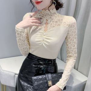 YIMEI Fashionable and beautiful lace top with slim fit and thin high neck embroidered T-shirt Guangzhou long sleeved apricot base shirt