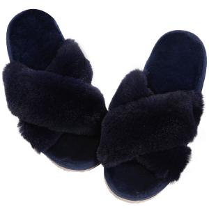 Comwarm Fashion Furry House Slippers Women Fluffy Fur Flip Flops Bedroom Fuzzy Flats Slippers Thick Sole Cross Band Indoor Shoes