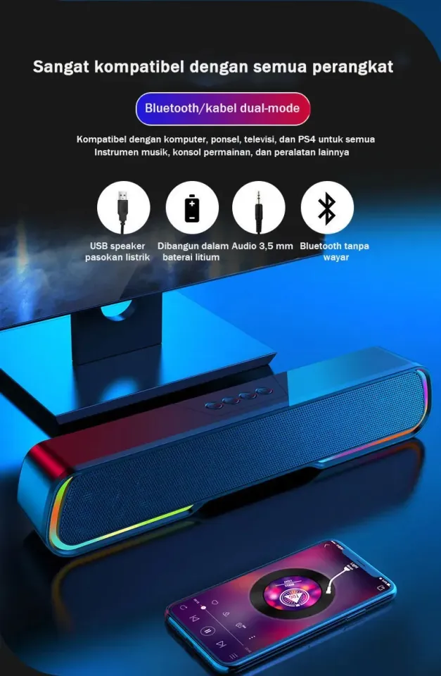 E-HOME Multimedia Speaker Bluetooth Soundbar RGB LED Light Computer TV  Phone TF 360° Stereo Surround Wireless Bluetooth Speaker Sound Bar GS8 RGB 
