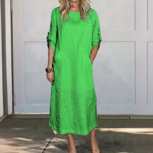 Cotton and Linen Solid Color Round Neck Double Side Pocket Long Dress Oversize Midi Dress