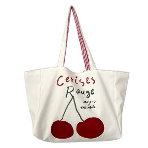 Reversible Design Women Canvas Shoulder Bag Cotton Cloth Purse Handbag Cherry Red Stripes Large Tote Female Eco Shopping Bags2026