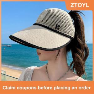 【ZTOYL】 Phụ nữ có thể gập lại rơm rộng vành Sun hat rỗng Top Visor cap cho bãi biển chạy kỳ nghỉ du lịch