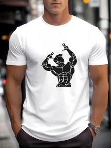2025 Summer Mens Cotton T Shirt Bodybuilder Trendy Print Round Neck T-Shirt Casual Breathable Street Style Daily Top