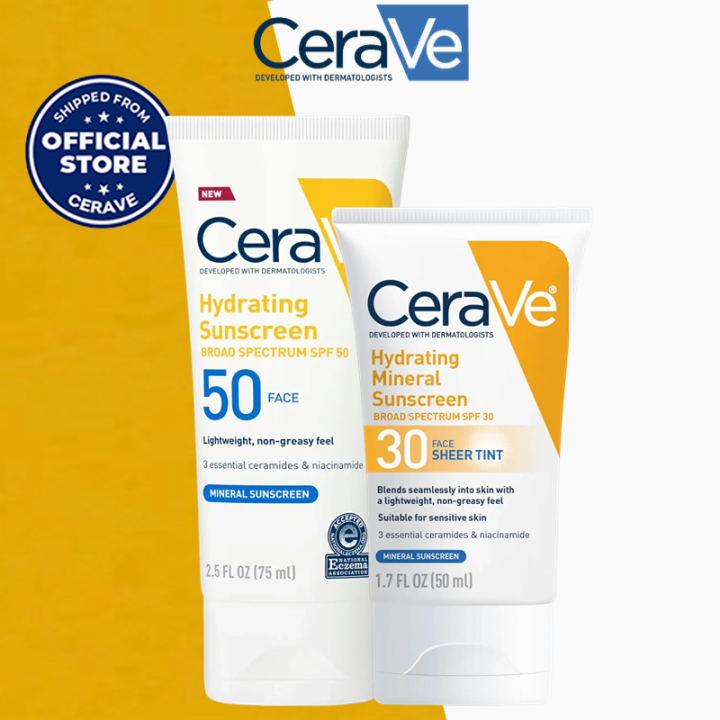 Cerave Hydrating Mineral Sunscreen SPF 50 & SPF 30 Sunblock For ...