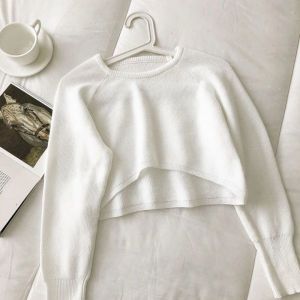 Knitted Long Sleeve For Women Round Neck Short Top Autumn Irregular Front Short Back Long Loose Pullover Knitted Women Round Neck Long Sleeve Short Top
