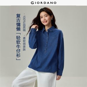Giordano Beau Monde Women 100% cotton half placket long sleeve denim shirt Free Shipping 13346607