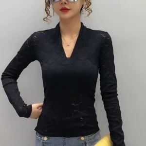 Womens Lace Long Sleeve Shirt Deep V-Neck French Slimming Hollow Mesh Top Stylish Versatile