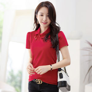 Black Lapel Short Sleeve T-shirt for Women 2022 Summer New Solid Color Womens Clothes Retro Elegant Chinese Style Half-sleeve Plain Ladies T Shirts Casual All-matching Blouse Slim Cheongsam Button Top