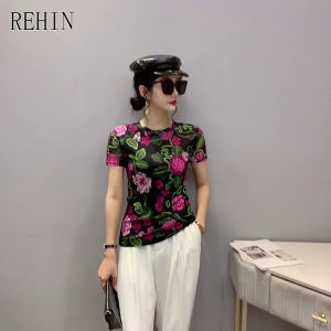REHIN Womens top Summer fashion mesh three-dimensional floral print short-sleeved T-shirt round neck Slim thin elegant blouse