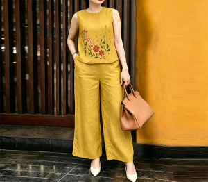 Floral Embroidered Womens Korean Sleeveless Tank Top & Loose Wide Leg Pants Casual 2PCS Set L2367