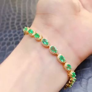 Fashion Sterling Silver Chain Bracelet 3mm*5mm Natural Emerald Bracelet with 3 Layers Gold Plating Woman Birthday Gift