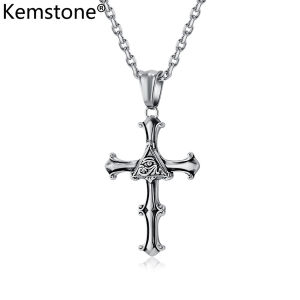 Kemstone Vintage Eye of Horus Cross Pendant Necklace Mens Triangle Stainless Steel Necklaces Jewelry
