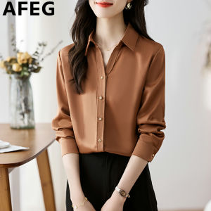 AFEG Korean shirt collar fashion loose temperament single breasted chiffon long sleeve blouse for women