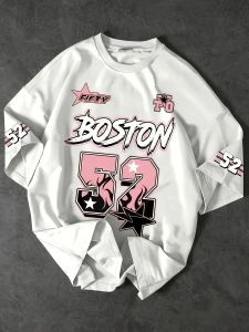 Men’s Casual T-shirt Stylish Boston 52 Top Round Neck T-shirt with a Pattern Matching Set for Couples White Street Style T-shirt with a Prominent Fire Number Pattern.