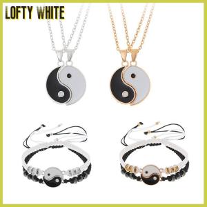 Lofty White 2Pcs Tai Chi Yin Yang Couple Bracelets Necklaces Set Pendant Adjustable Braid Chain Bracelet Matching Lover Bracelets Choker