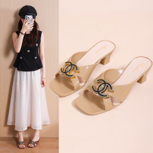 324-Elegant Black Square-Toe Slip-On Heels C Slide Sandals with Gold Chain Detail in Black Brown Beige and White.