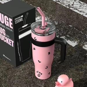 Kpop black&pink Coffee cup 1250ml Thermal Mug with handle Straw Thermos cup Stainless steel Insulated cup beverage cup