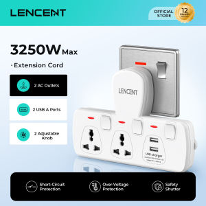 Lencent Multiplug Socket 2 Outlets with Individual Switches and 2 USB Port Wall Charger 4 in 1 Extension Plug for Home Office Travel
