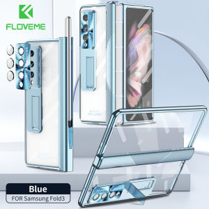 [With Lens Pritection+Bracket] FLOVEME Magnetic Transparent Hinge Phone Case For Samsung Galaxy Z Fold 5 Fold 4 Fold 3 5G Tempered Glass With Stand Clear Plating Hard PC Protection Back Cover For Galaxy Z Fold 5 Fold 4 Fold 3