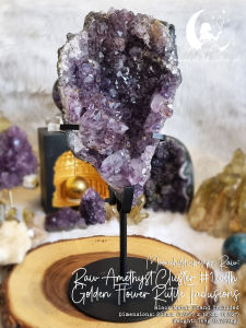 [NO COD] Raw Brazil Amethyst Cluster with Golden Flower Rutile Inclusions - Black Metal Stand Included