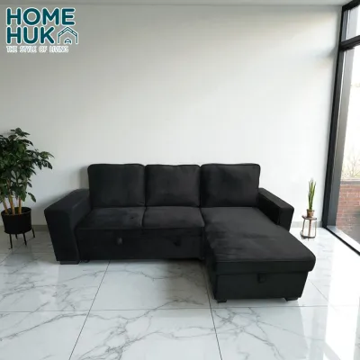 L-Shape Sofa with Pull-Out Bed Storage and Side Shelf Velvet Black