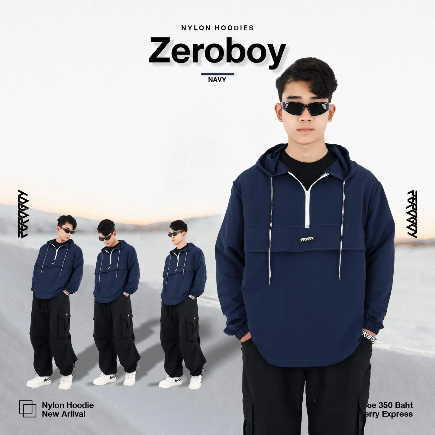 ZEROBOY - NYLON HOODIES “ รุ่น 5 สี สีขาว สีครีม สีเทา สีกรม สีดำ