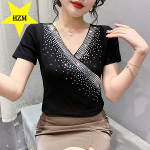 HZM เสื้อยืดสตรีแขนสั้นดีไซน์เพรียวบางเสื้อยืดคอวีเจาะรูสำหรับ2023ฤดูร้อน