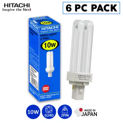 6 PC PACK | Hitachi PLC 10W PARA-LIGHT 2PINS | G24D-1 | ENERGY SAVING | Cool white yellow tinge