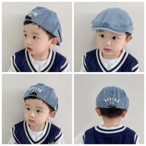 COZY NOOK Solid Color Kids Denim Beret Letter Embroidered Drawstring Peaked Cap Fashion Harajuku Newsboy Cap Boy