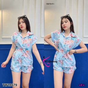 TW18679 set 2 ชิ้น เสื้อเชิ้ตแขนเบิ้ล ลายดอกไม้ + กางเกงขาสั้นลายดอกไม้ ..