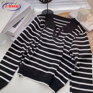 Z-ONER Womens Sweater Long-sleeved Striped Sweater for Women New Style Soft V-neck Bottoming Sweater Top